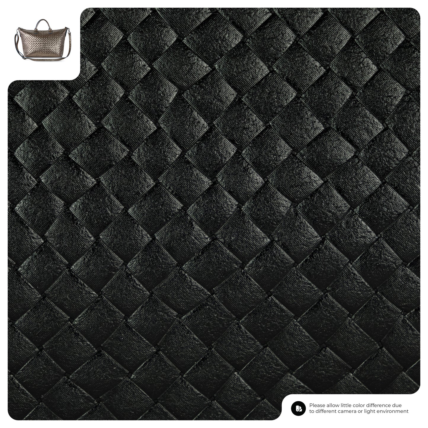 Close-up of a black quilted leather texture arranged in a diamond pattern. In the top left corner, there is a small image of a handcrafted Italian handbag, and a color disclaimer appears in the bottom right corner.