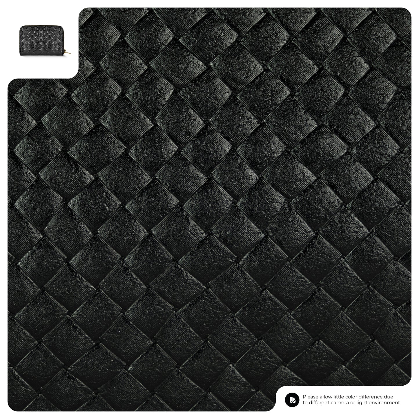 A black, textured mat with a quilted diamond pattern, reminiscent of Weave Gleam Suede Leather, is shown in close-up and in a smaller full view at the top left. A note below mentions possible color differences due to lighting.