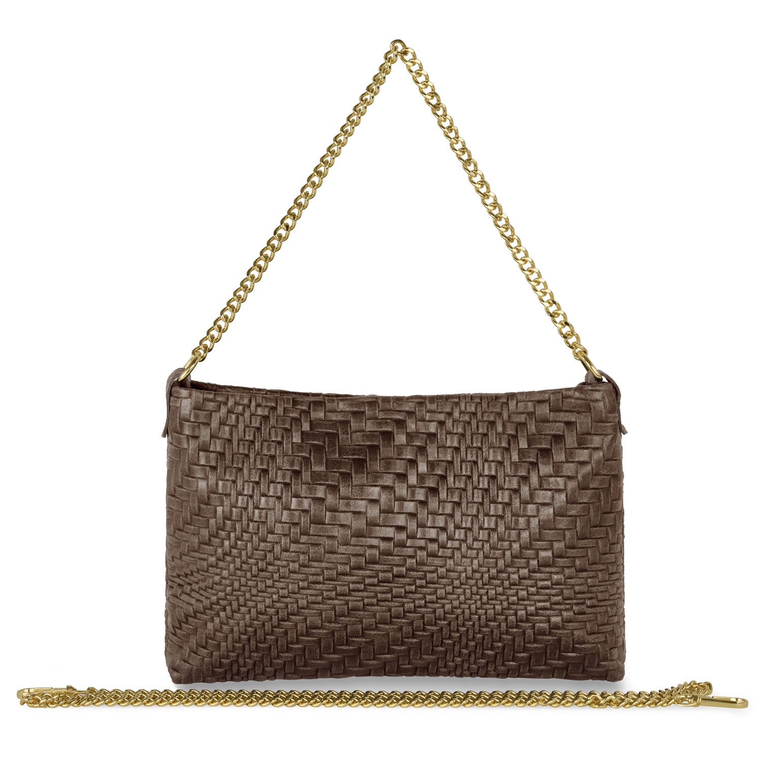 A brown woven leather clutch with a gold chain shoulder strap attached and an additional gold chain strap placed in front of the bag against a white background.