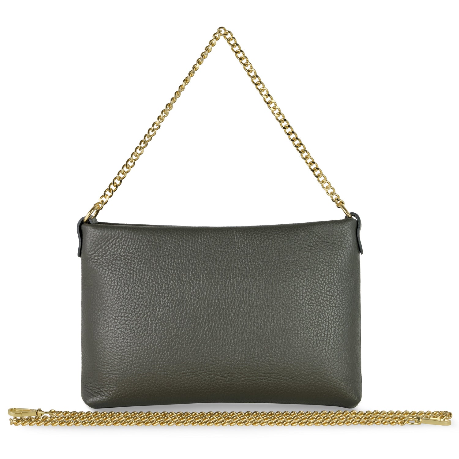 A textured dark gray leather clutch bag with a gold chain strap attached and an additional gold chain placed in front of the bag against a white background.