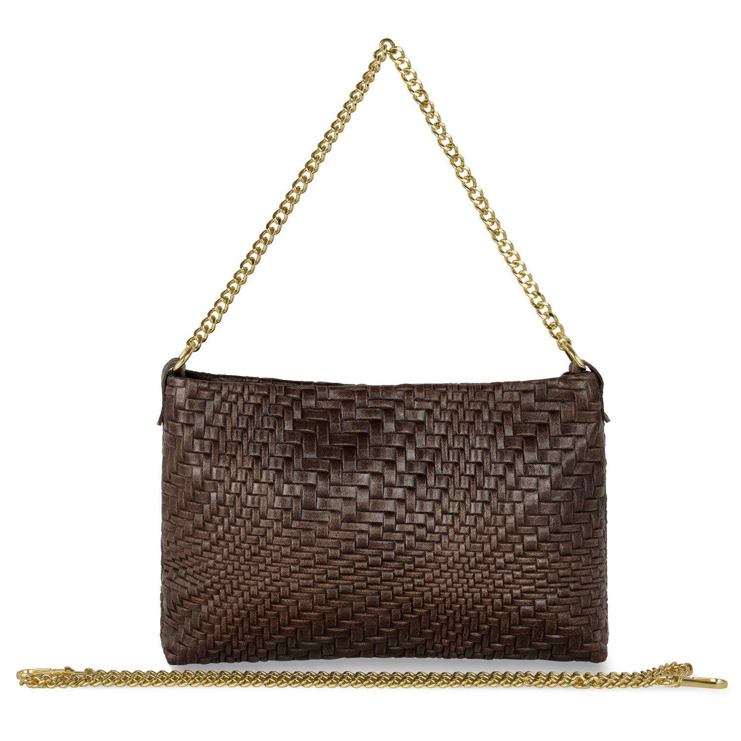 A brown woven clutch with a gold chain strap attached, and an additional gold chain placed in front of the bag on a white background.
