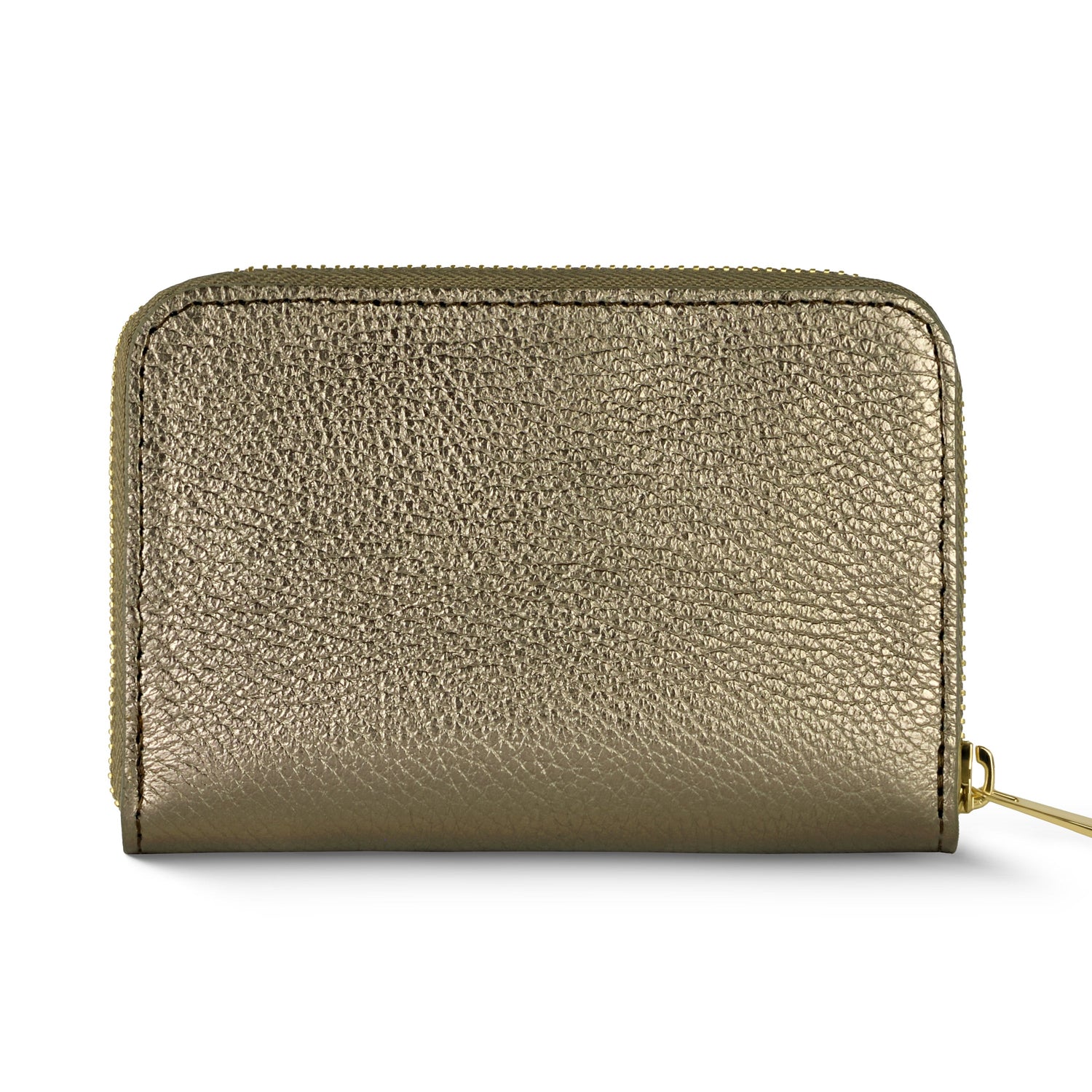 A small, metallic gold leather wallet with a textured surface and a zip-around closure, shown against a white background.