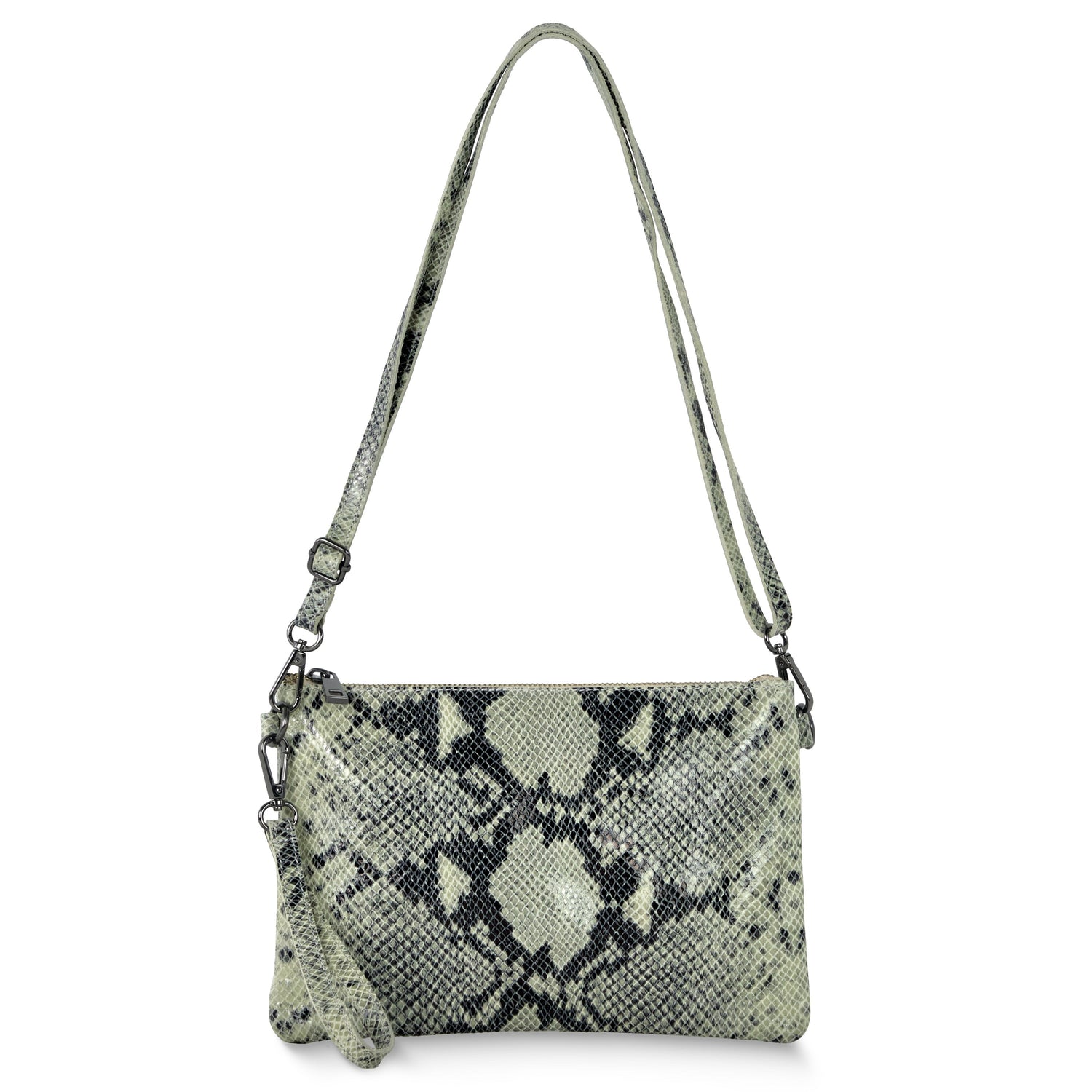 A rectangular shoulder bag with a gray and black snakeskin pattern, featuring a detachable strap and a matching wristlet attachment.