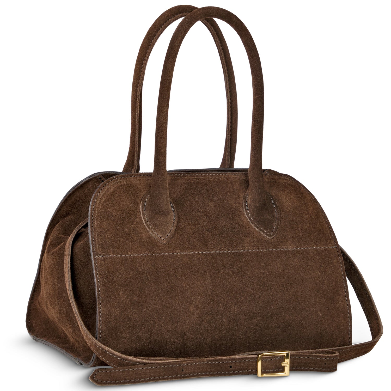 Brown suede handbag with two rounded handles, visible stitching, and a detachable strap with a gold buckle, placed on a white background.