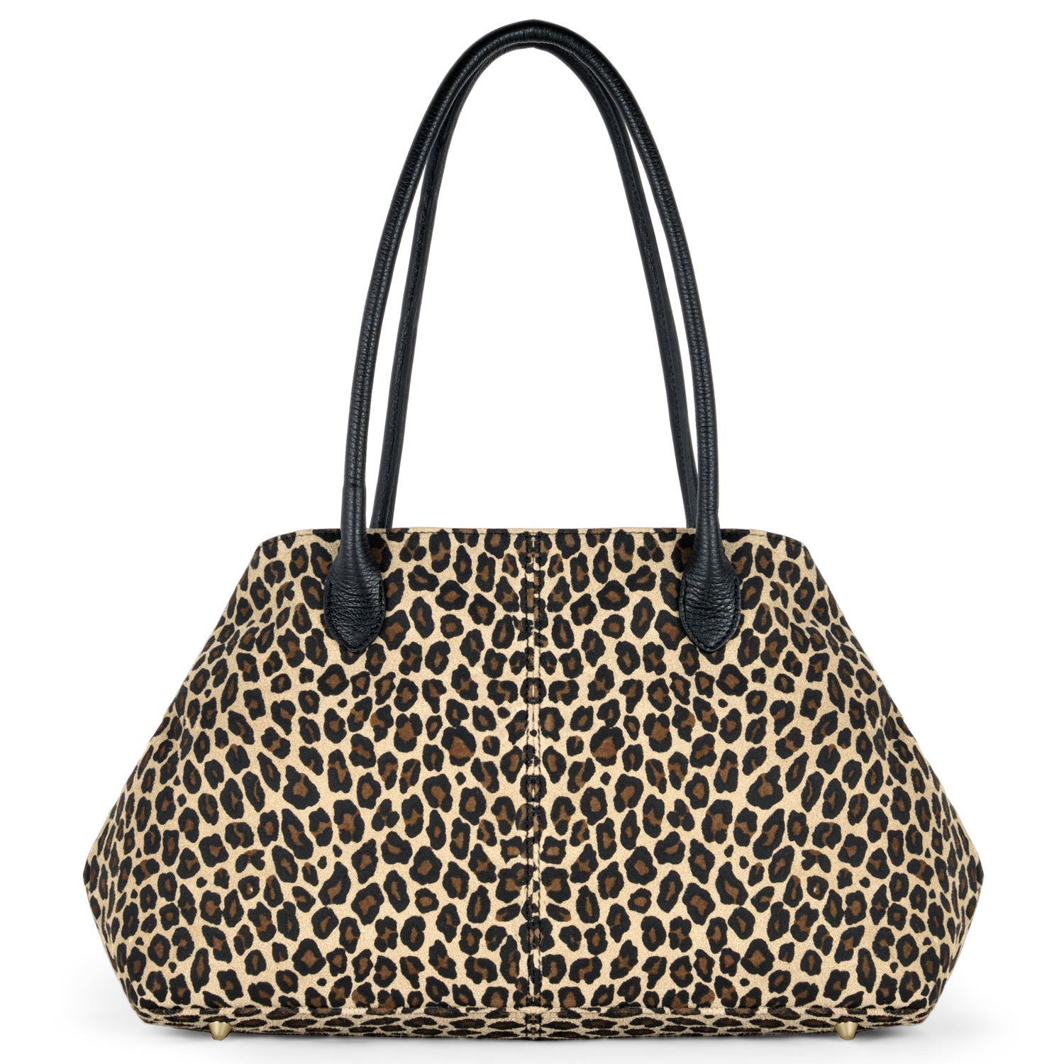 A trapezoid-shaped handbag with a leopard print pattern and black double handles, displayed against a white background.
