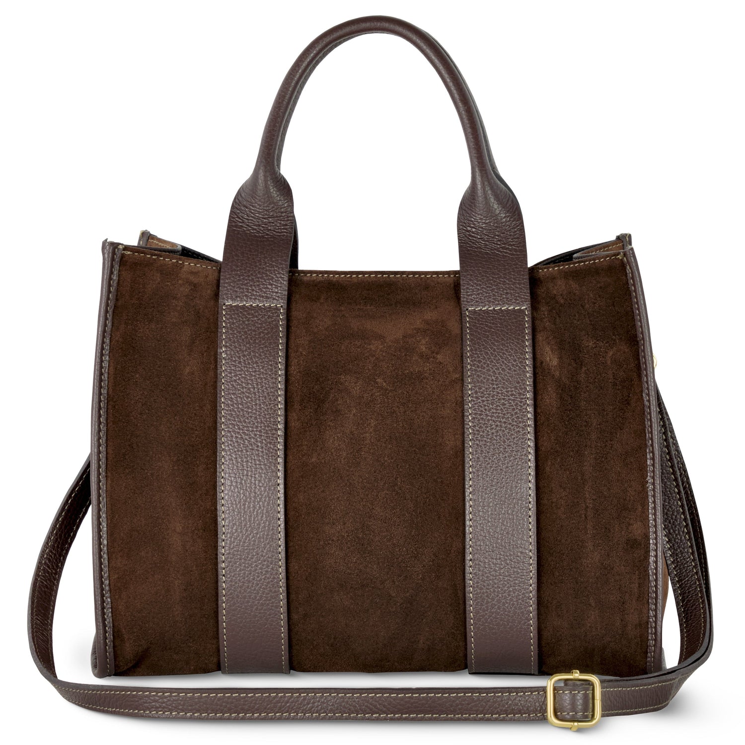 A brown suede and leather handbag with two top handles, a long adjustable shoulder strap, and gold-tone hardware, displayed against a white background.