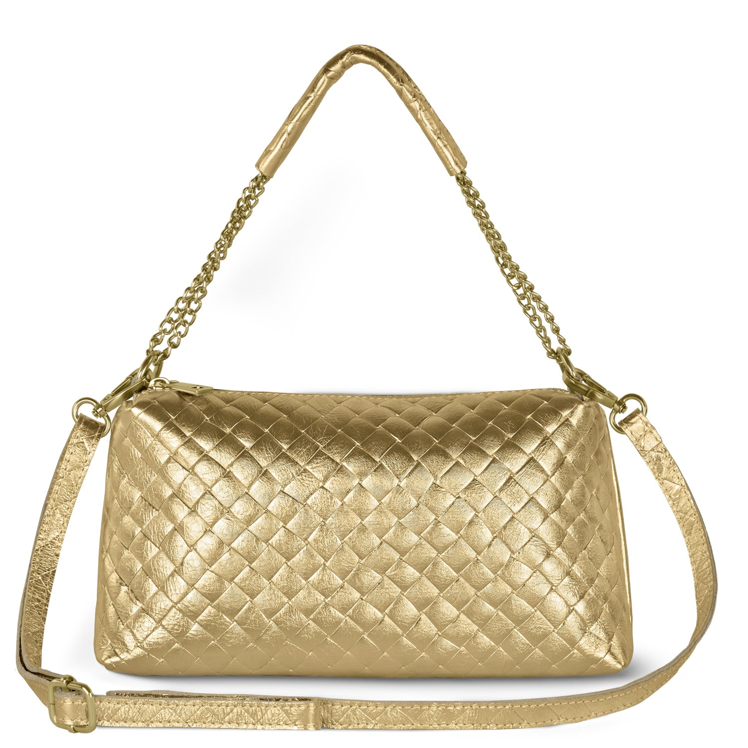 A gold quilted handbag with a top handle, gold chain and leather shoulder strap, and a detachable longer strap, displayed on a white background.