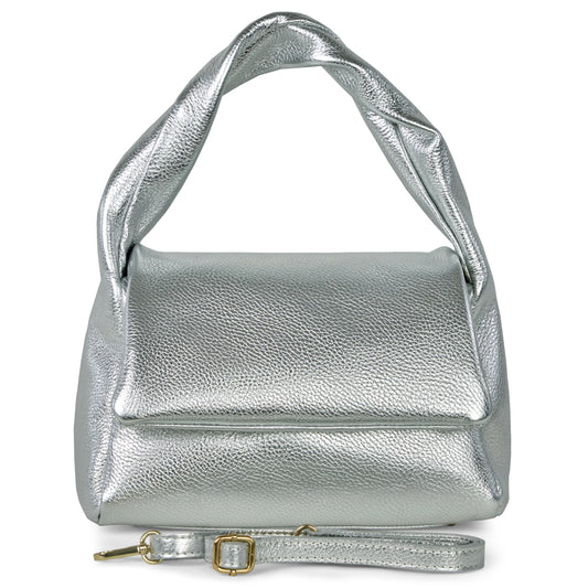 A metallic calf leather purse with a twisted handle, front flap closure, and detachable matching shoulder strap with gold hardware, this Italian handcrafted bag is displayed on a white background.