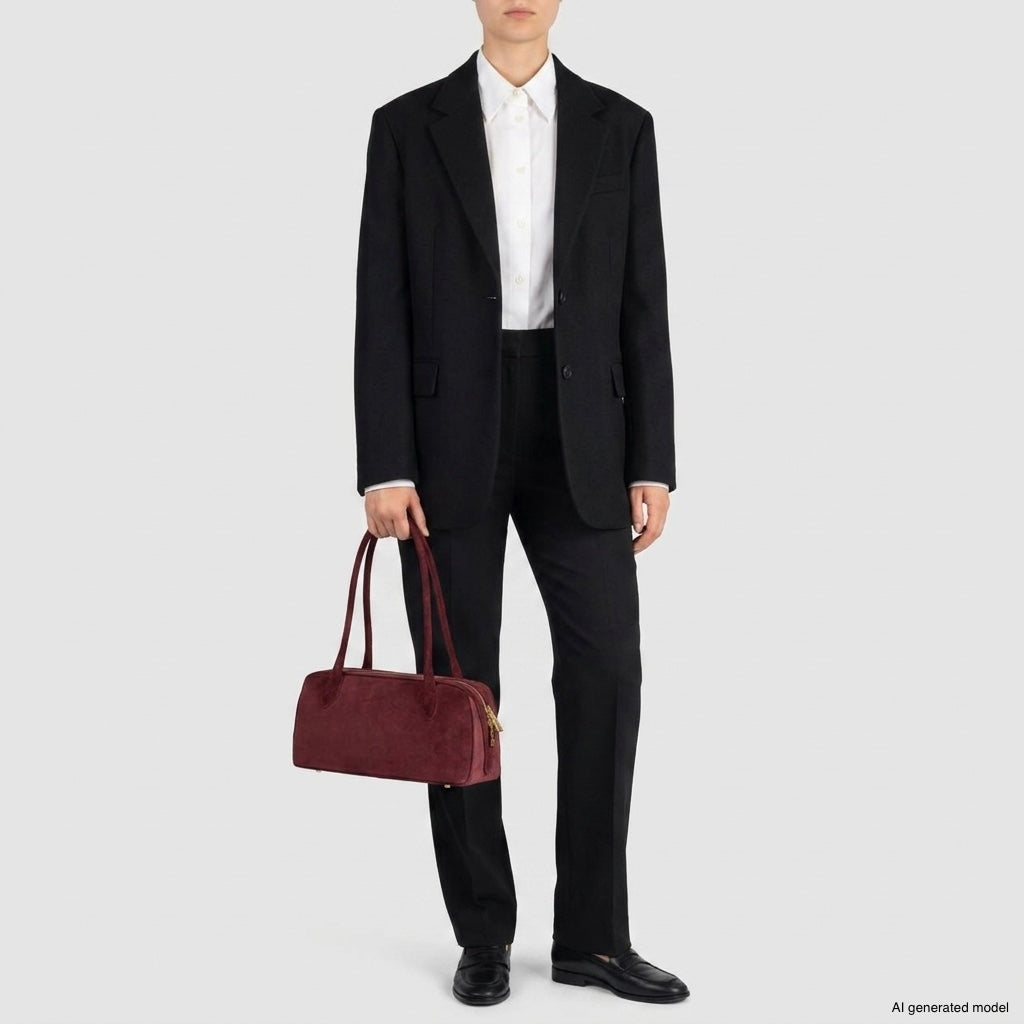 A person in a black suit, white shirt, and black shoes stands holding a structured leather bag. The background is plain light gray. The image is labeled as an AI-generated model.