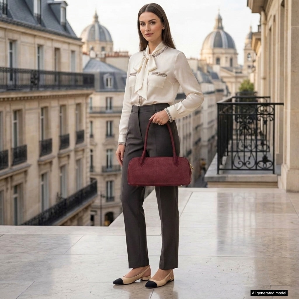 A woman stands on a balcony in a city, dressed in a white blouse, gray trousers, and two-tone shoes, holding a structured leather bag made in Italy. Elegant buildings with domes are visible in the background.