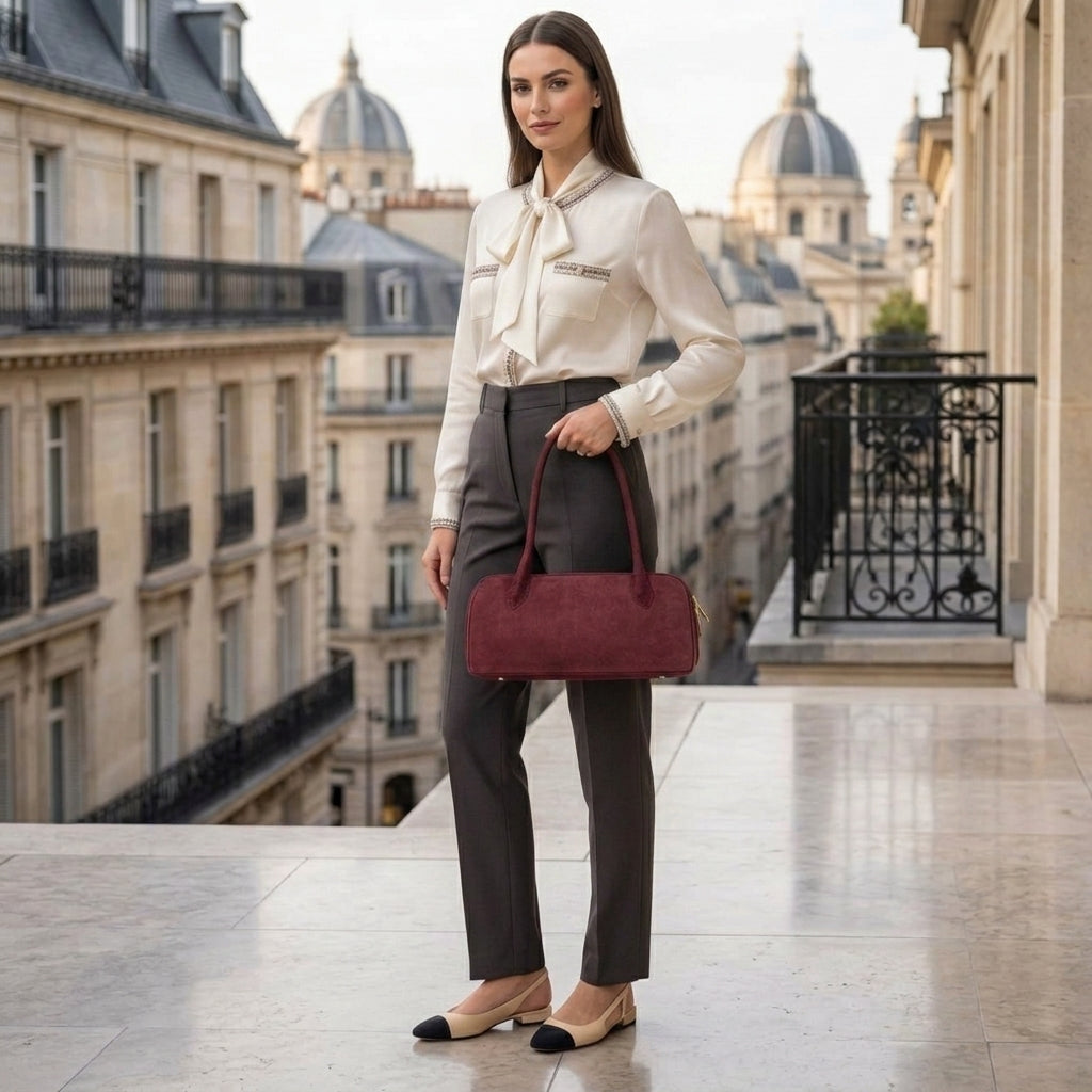A woman stands on a Parisian balcony, wearing a white blouse, dark trousers, and two-tone shoes. She holds a structured leather handbag, with historic buildings and domed rooftops in the background.