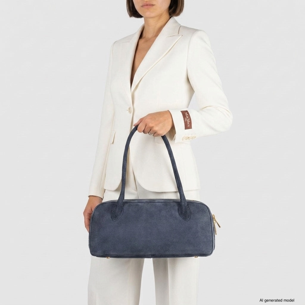 A woman in a white suit holds a structured leather bag with two handles. The background is plain and light-colored. The image focuses on the bag, made in Italy, and the model's upper body.