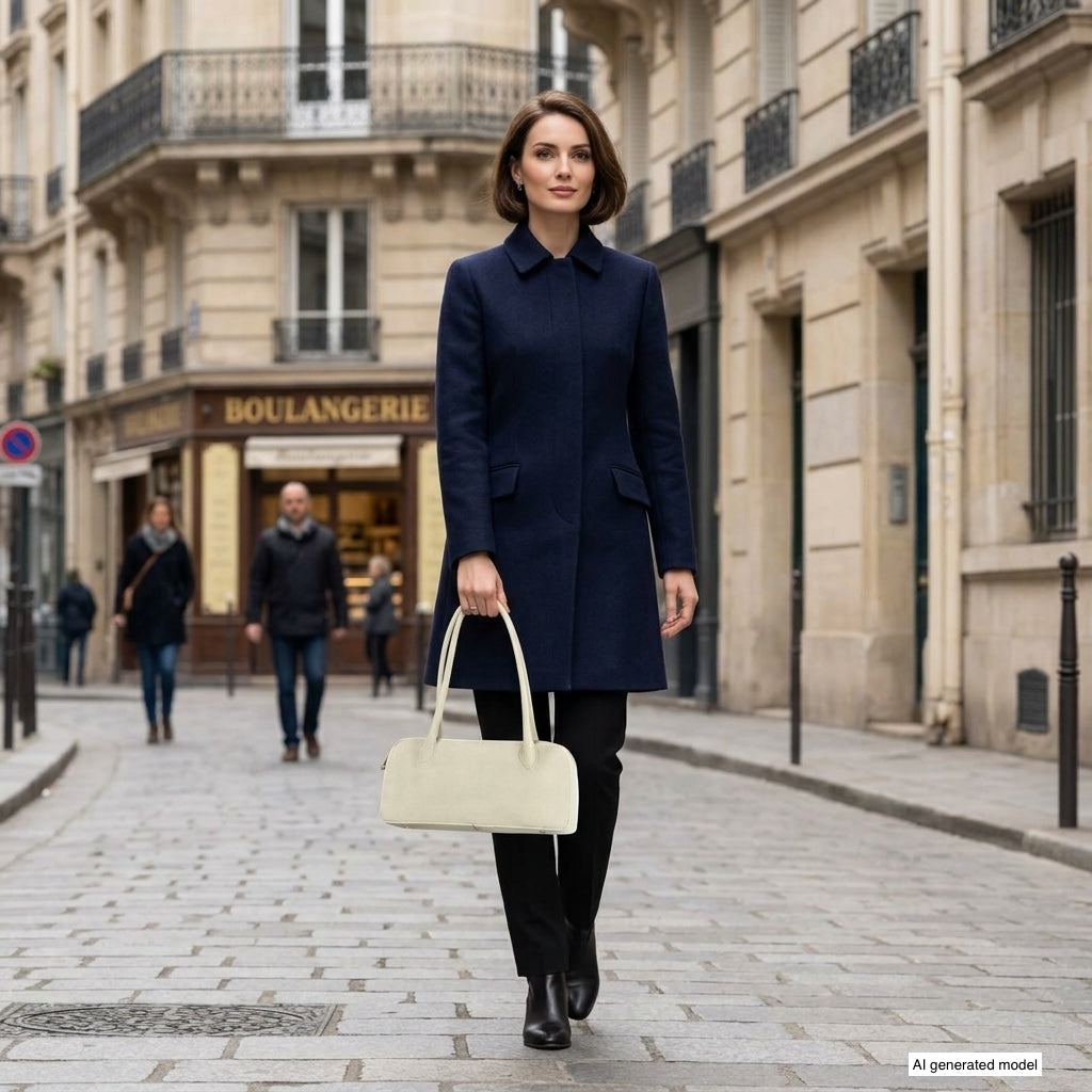 A woman in a navy coat and black pants walks confidently down a Parisian street, holding a structured leather bag. People and a bakery named BOULANGERIE are visible in the background.