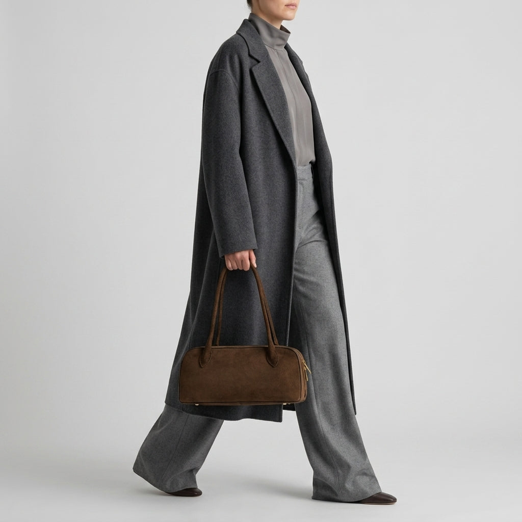 A person in a long dark gray coat, gray turtleneck, and gray wide-leg pants walks while holding a structured leather handbag made in Italy against a plain light background.