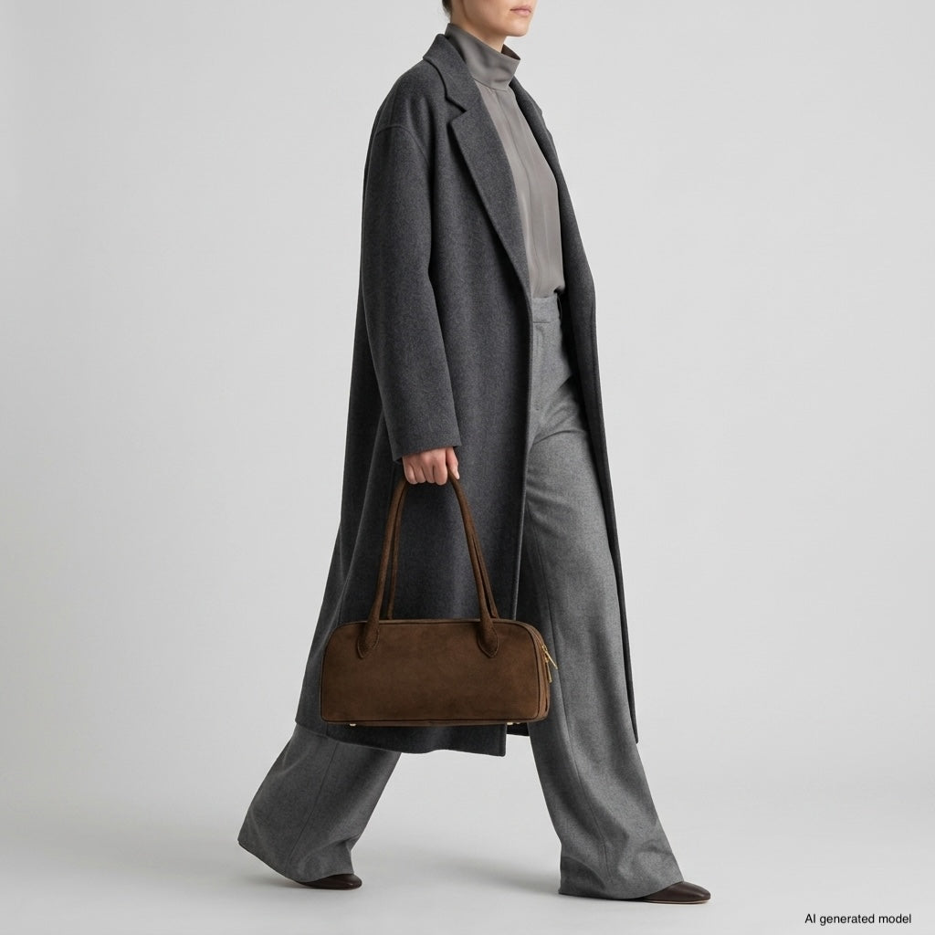 A person wearing a long dark gray coat, gray pants, and a taupe turtleneck walks while holding an Italian suede purse against a plain light background.