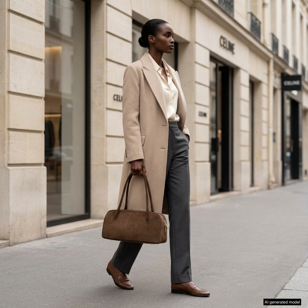 A stylish woman in a beige coat, white blouse, and gray trousers walks down a city street, carrying an Italian suede purse. She passes by luxury shops with stone facades and large windows.