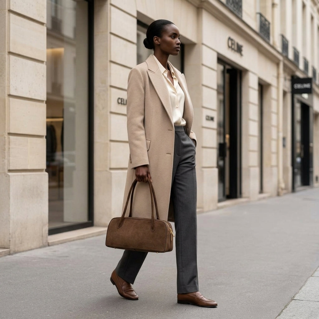 A woman walks down a city sidewalk wearing a beige coat, cream blouse, gray trousers, and brown loafers. She carries a structured leather handbag and passes by storefronts with CELINE signs. The scene appears stylish and urban.