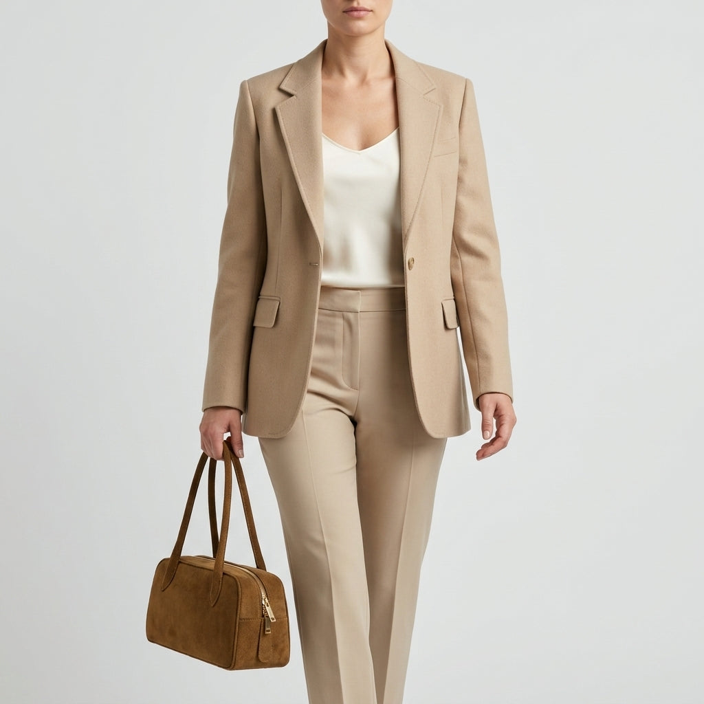 A person wearing a beige blazer and matching pants, a white top, and carrying a structured leather handbag, stands against a plain light background.