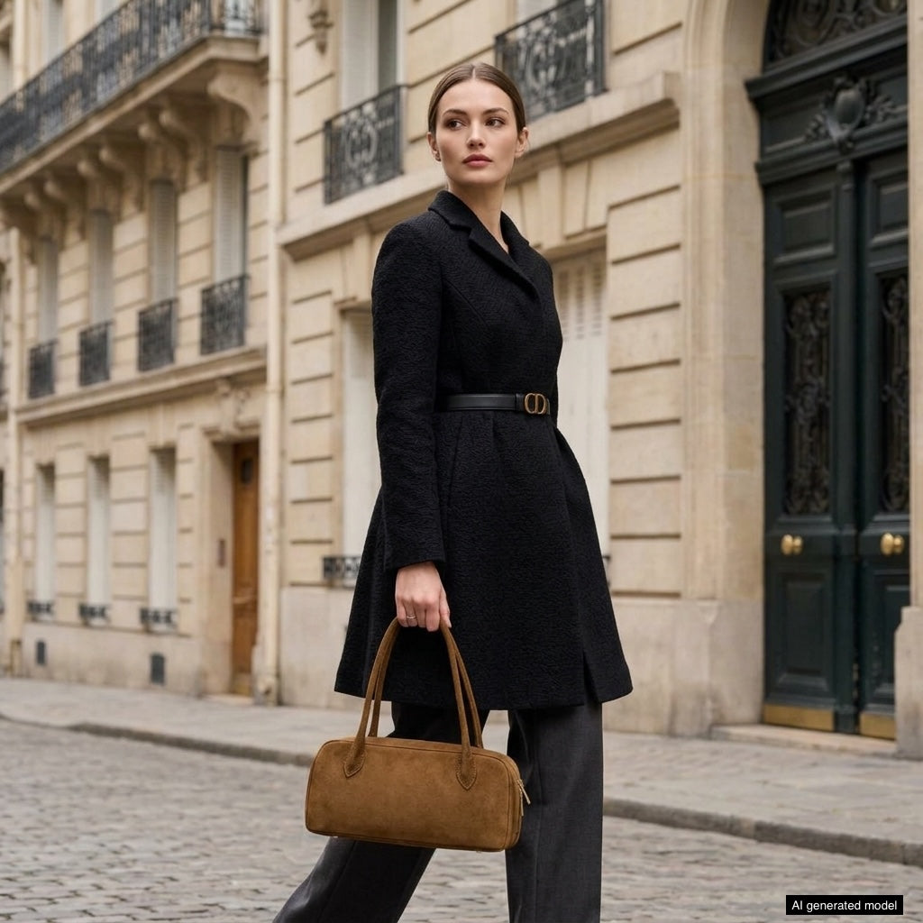 A woman in a black coat and gray trousers carries a structured leather bag while walking on a cobblestone street lined with beige classic European buildings.