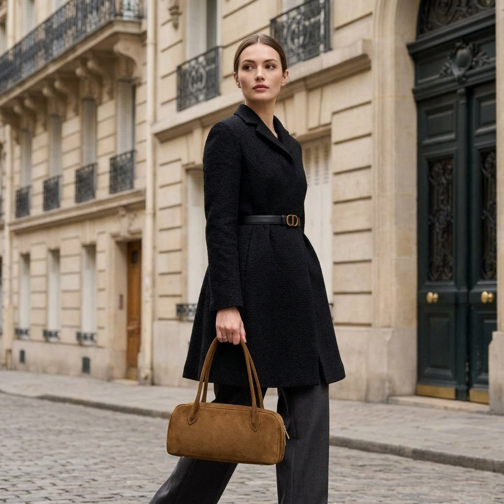 A woman in a black coat, dark trousers, and a black belt walks on a cobblestone street before elegant beige Parisian-style buildings, carrying a structured leather handbag made in Italy.