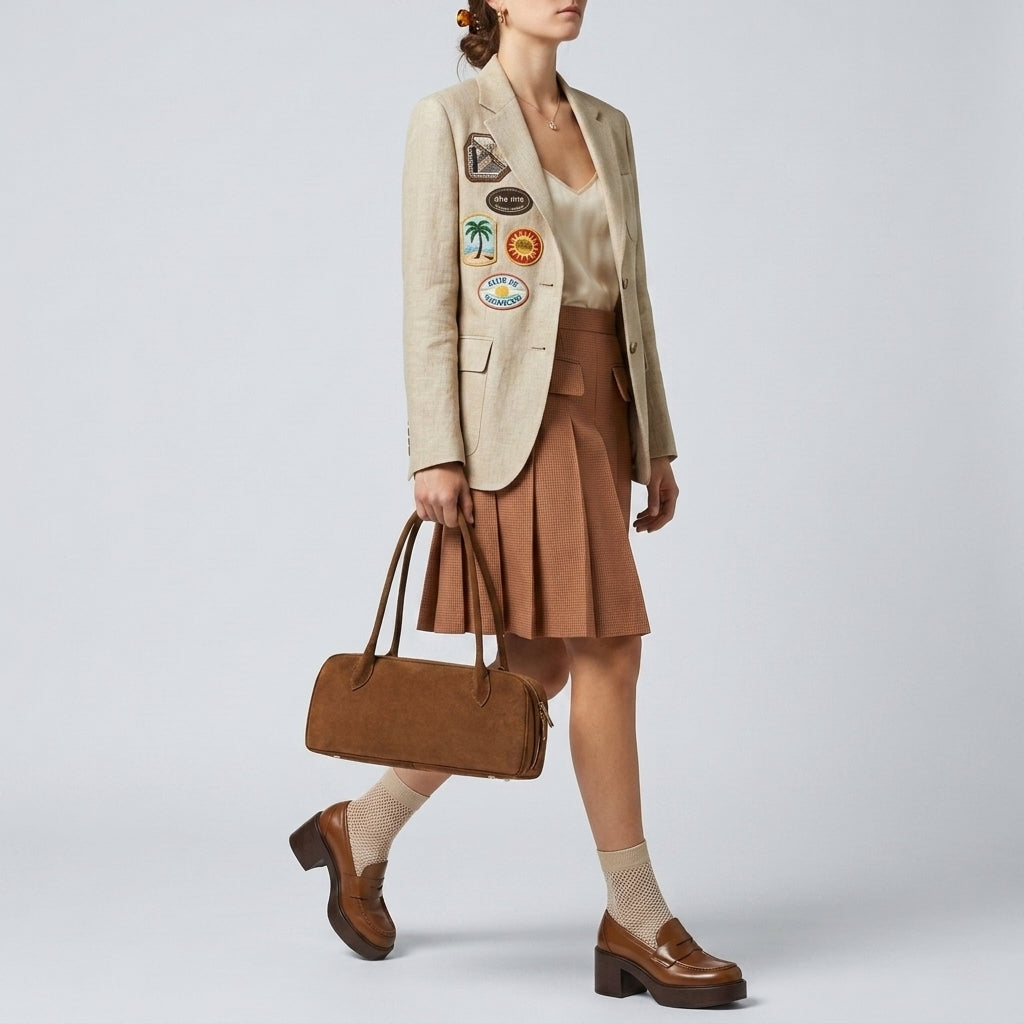 A person wearing a light blazer with patches, a beige blouse, pleated brown skirt, brown heeled loafers, cream socks, and carrying a structured leather handbag, poses against a plain gray background.