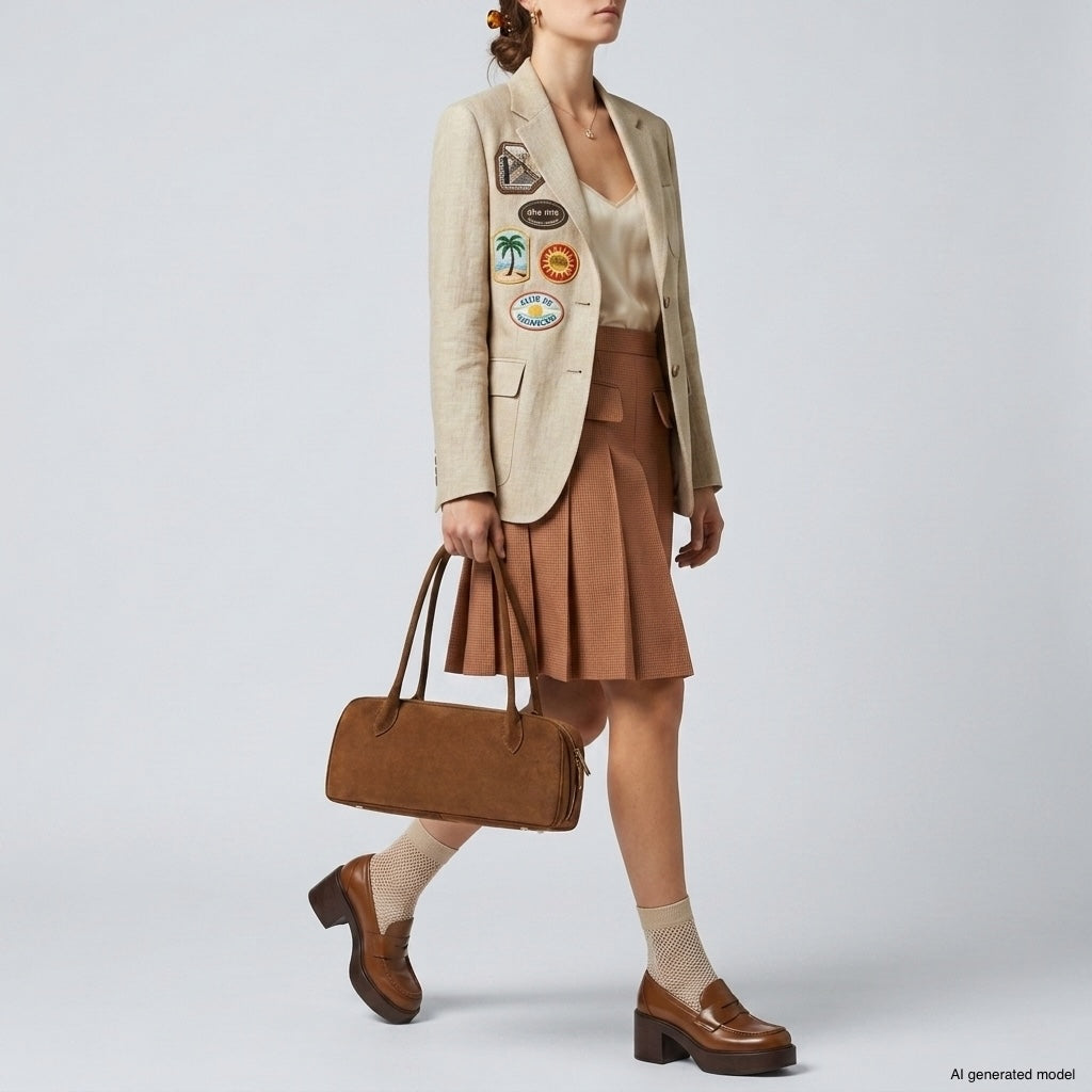 A person in a beige blazer with multiple patches, a tan blouse, pleated brown skirt, brown loafers, cream socks, and carrying an Italian suede purse walks against a plain background.