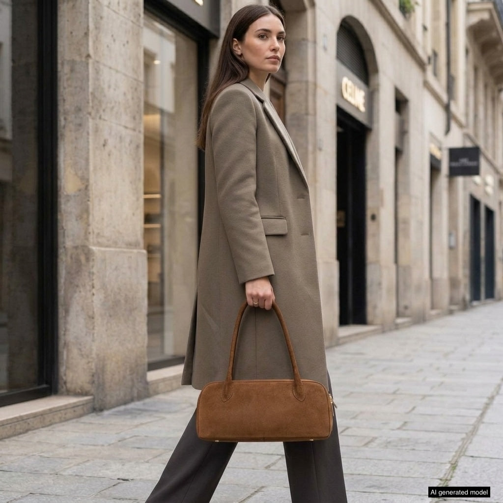 A woman in a long beige coat and brown trousers walks on a city sidewalk, holding a structured leather bag. She is passing by elegant stone buildings with large windows.