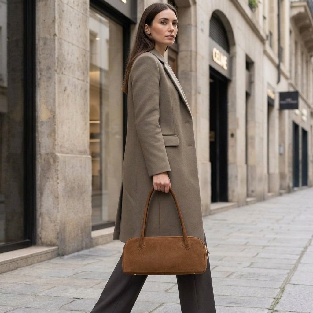 A woman wearing a long taupe coat and brown trousers walks on a city sidewalk, holding an Italian suede purse. She passes by stone buildings with large windows and signs.