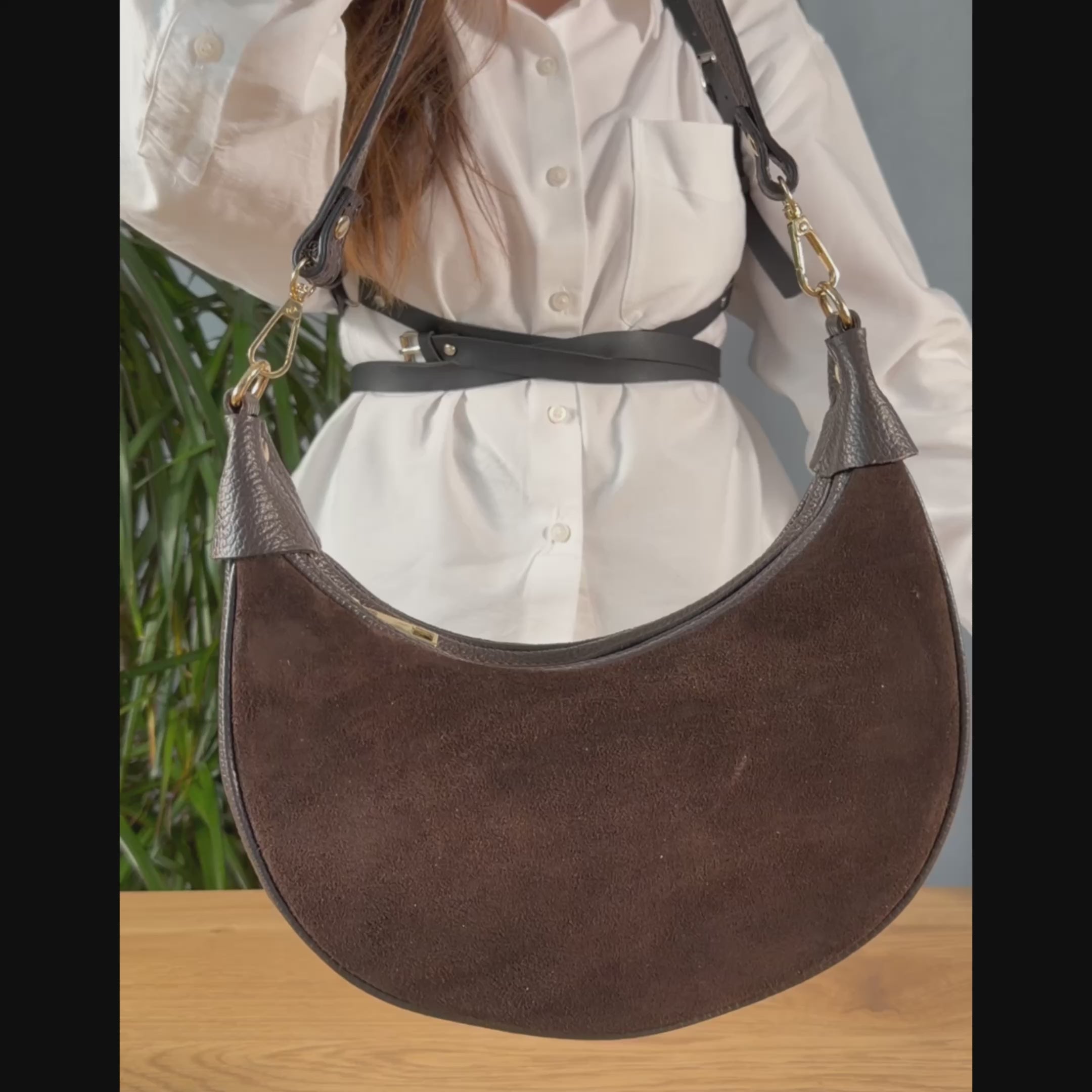 TAKEASY Italian Genuine Suede & Calf Leather Crescent Shoulder Bag