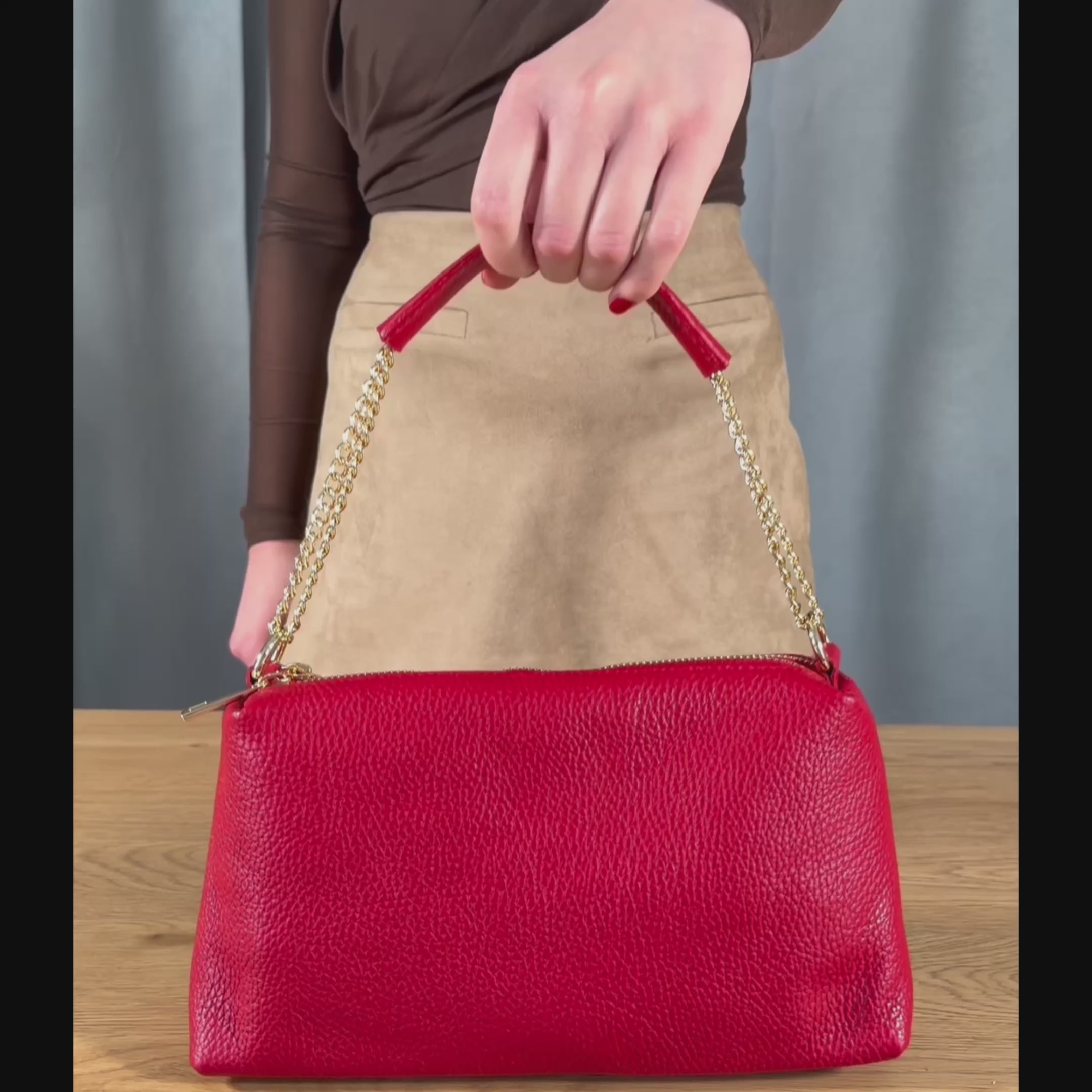 TAKEASY Italian Calf Leather Crossbody Bag with Chain Handle & Strap