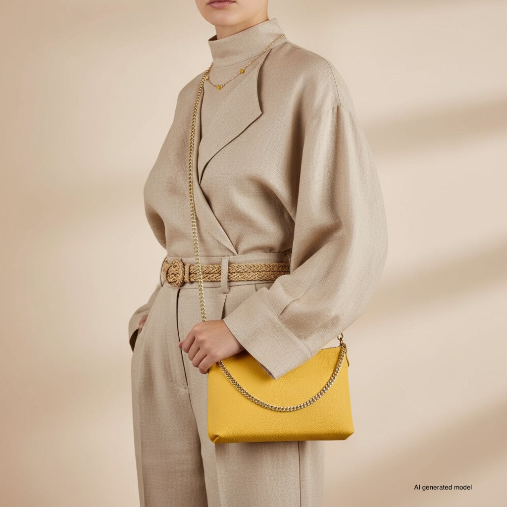 A person wearing a beige, stylish belted suit holds a small structured handbag with a gold chain strap. The background is plain and beige. Only the upper body is visible.