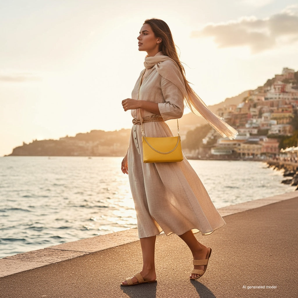 A woman in a light, flowy dress and scarf walks along a seaside promenade at sunset, carrying an Italian leather crossbody purse. Coastal buildings and calm water appear in the background.