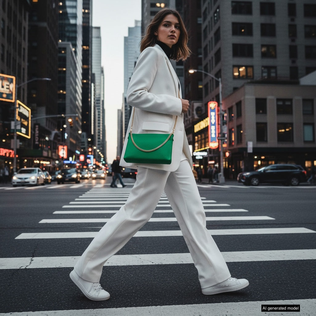 A woman in a white suit and sneakers walks across a city crosswalk, carrying a small structured handbag. Tall buildings and glowing signs line the street, highlighting the chic urban setting.
