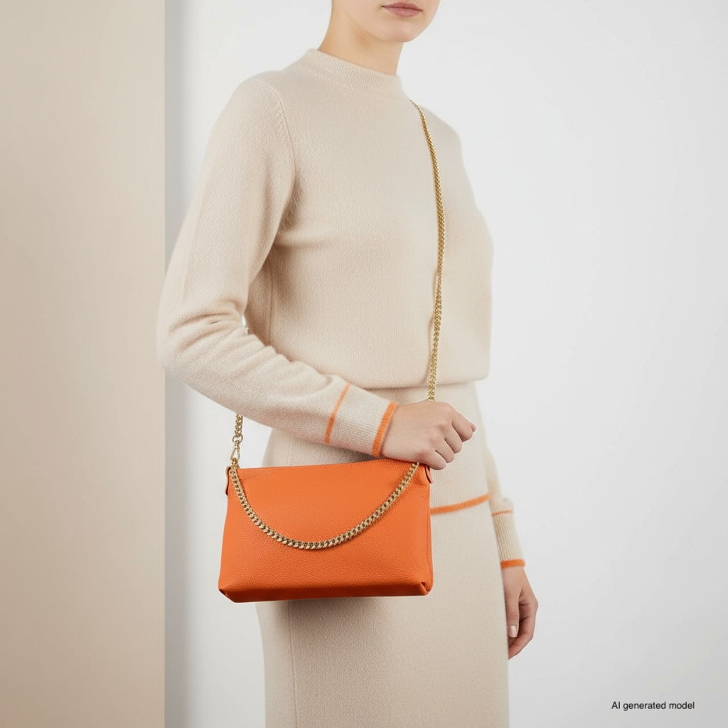 A person in a beige long-sleeve outfit holds a gold chain shoulder bag with an orange finish. The background is minimal and plain, and only the lower part of the face is visible.