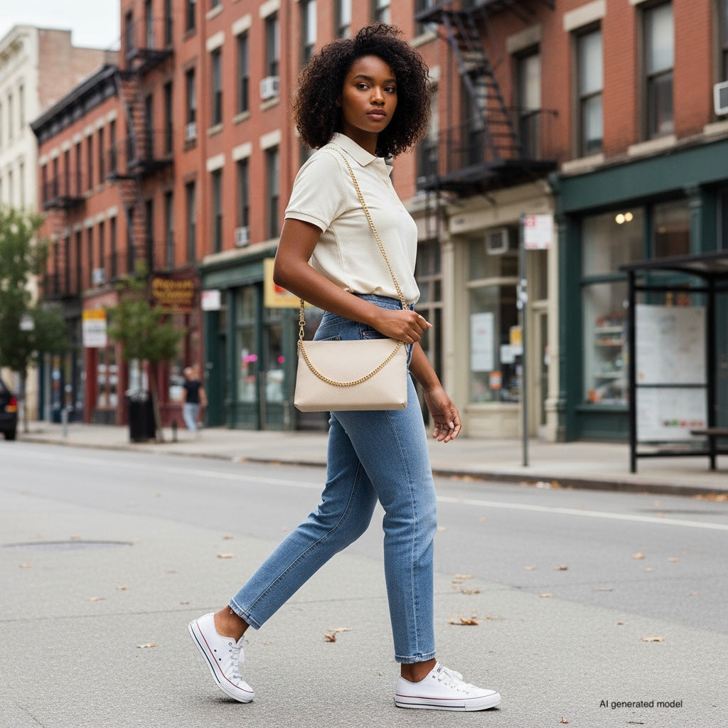 A woman with curly hair wearing a beige polo shirt, blue jeans, and white sneakers walks across a city street, carrying a small structured handbag. The background shows brick buildings and storefronts.