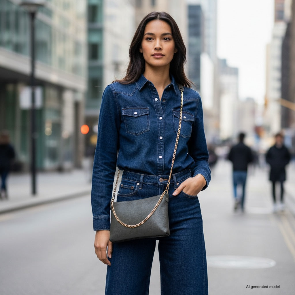 A woman wearing a denim shirt and jeans stands confidently on a city street, holding a small structured handbag. Tall buildings and pedestrians are visible in the background.