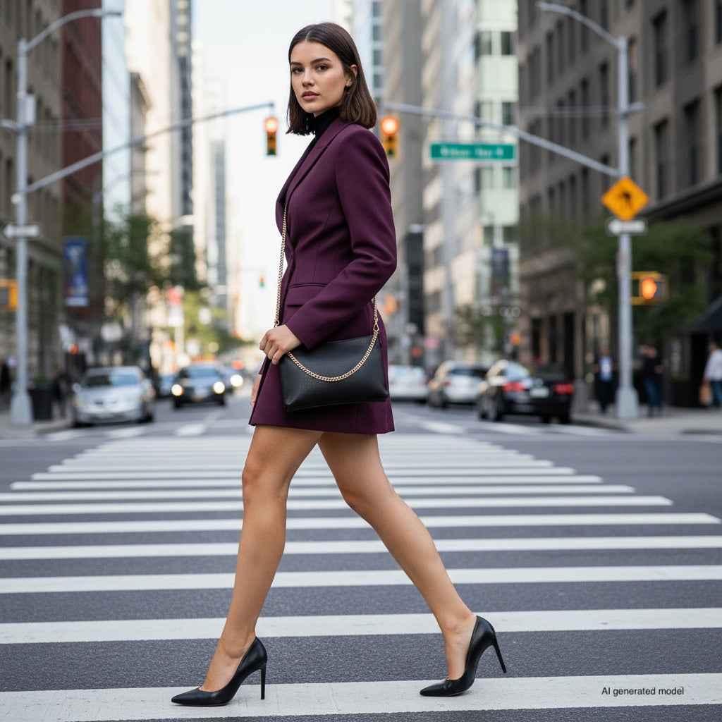 A woman in a purple blazer dress and black heels crosses a city street at a crosswalk, holding an Italian leather crossbody purse. Tall buildings and traffic lights are visible in the background.