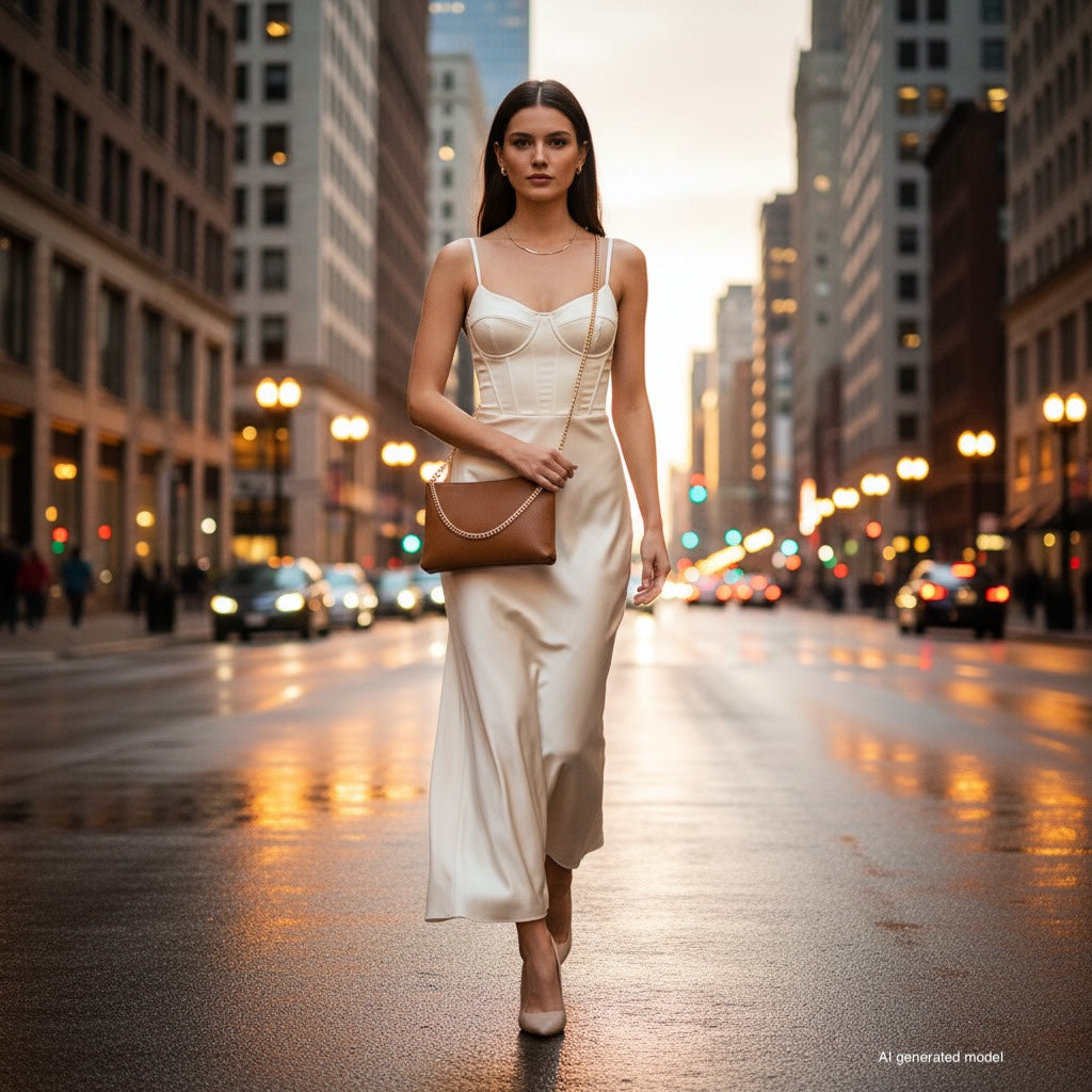 A woman in a cream satin dress and heels walks confidently down a city street at sunset, carrying an Italian leather crossbody purse. Tall buildings line the street, and the wet pavement reflects city lights.