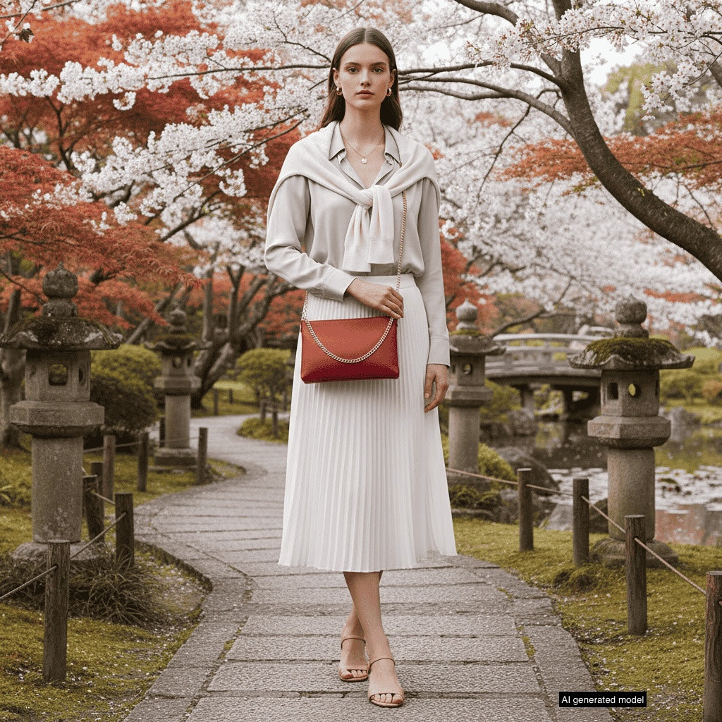 A woman in a light outfit and sandals stands on a stone path in a Japanese garden with blooming cherry blossoms, holding a small structured handbag. A wooden bridge, red foliage, and stone lanterns are visible in the background.