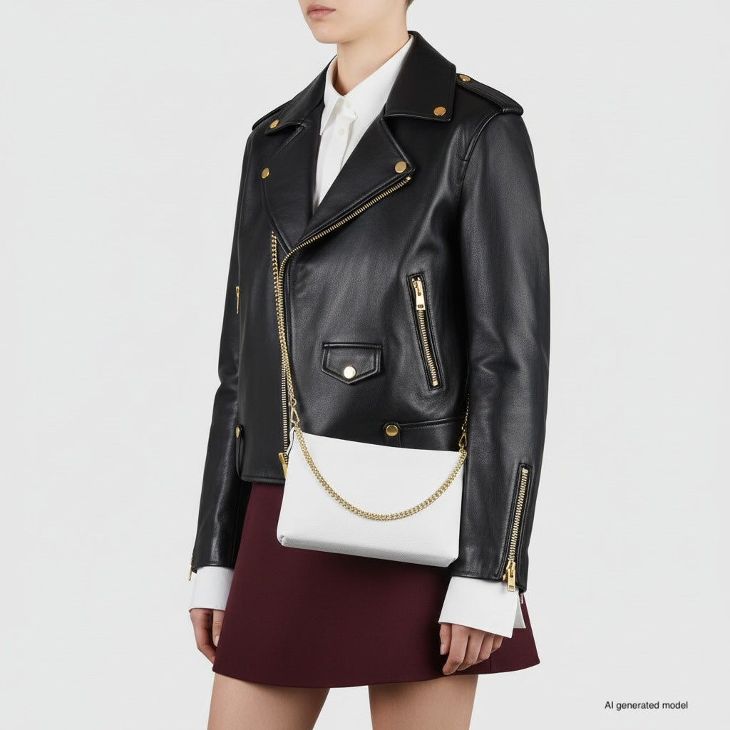 A person wearing a black leather jacket, white shirt, and burgundy skirt holds a small structured handbag with a gold chain strap. The model's head is partially cropped out.