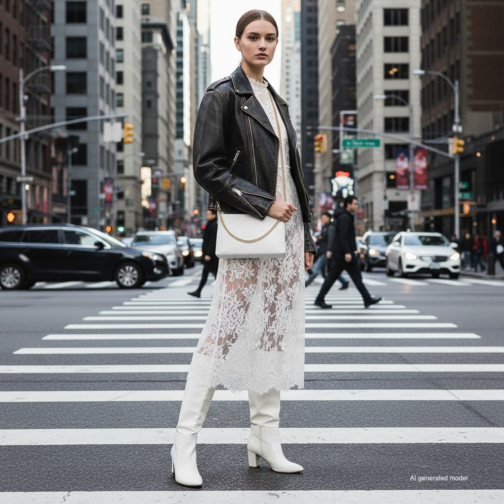 A woman in a black leather jacket, white lace dress, white boots, and carrying a small structured handbag stands confidently on a city crosswalk with tall buildings and cars in the background.