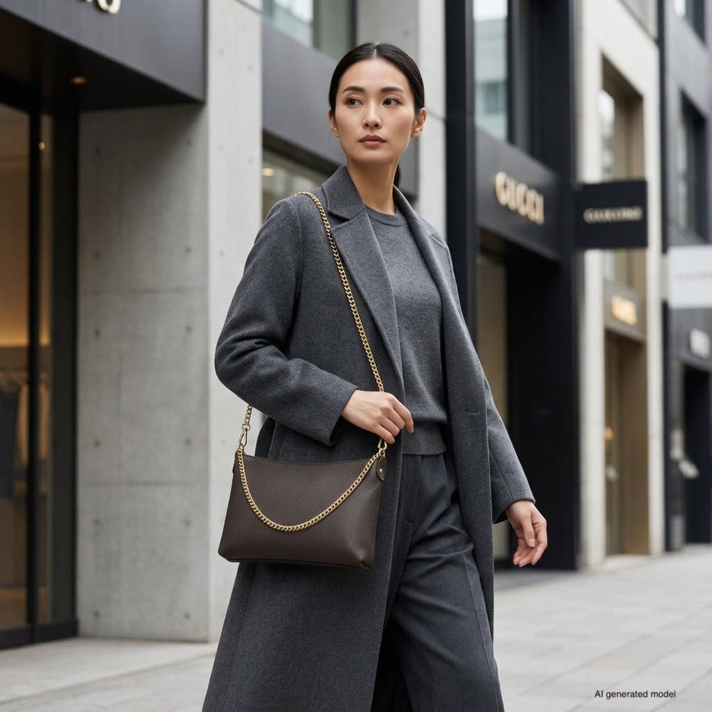 A woman in a gray coat and trousers walks confidently along a city street, carrying an elegant Italian leather crossbody purse with a gold chain. Storefronts with modern architecture are visible in the background.