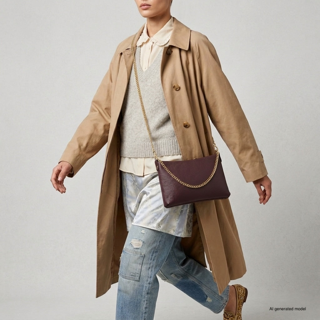 A person wearing a tan trench coat, gray sweater, white shirt, distressed jeans, and leopard print shoes walks while carrying an Italian leather crossbody purse with a gold chain strap.