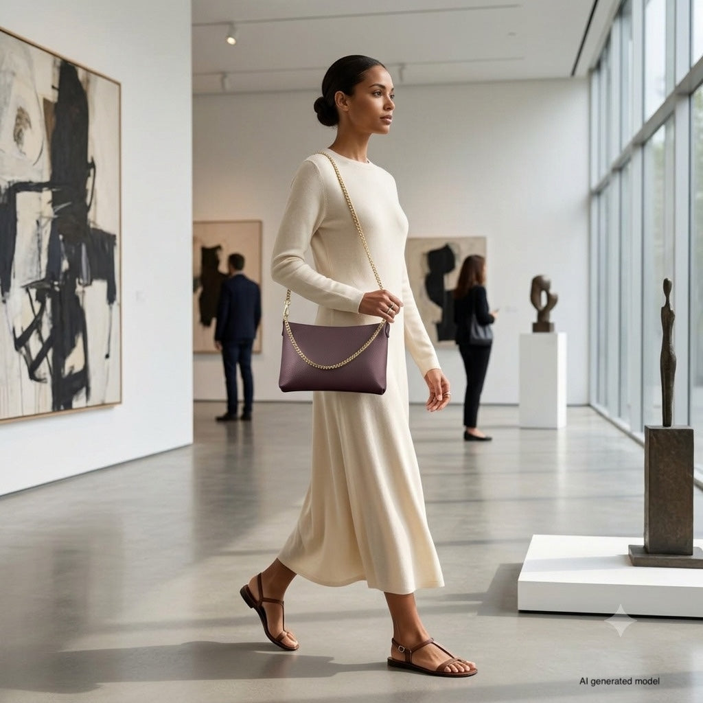 A woman in a long cream dress and sandals walks through a modern art gallery, carrying an Italian leather crossbody purse. Abstract paintings and sculptures are displayed, with other visitors seen in the background.