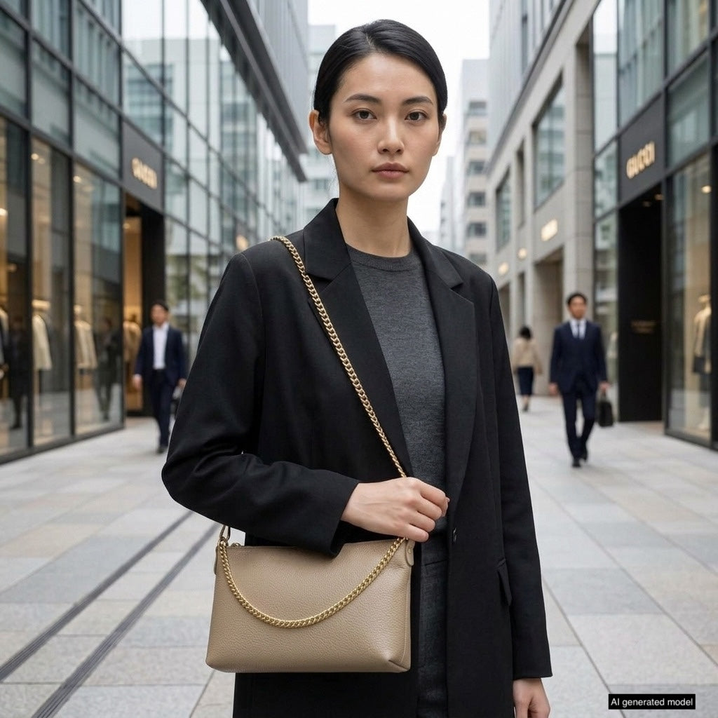 A woman with straight black hair, in a black coat and gray top, stands outside on a city street lined with glass buildings, holding a small structured handbag with a gold chain strap. Several people walk in the background.
