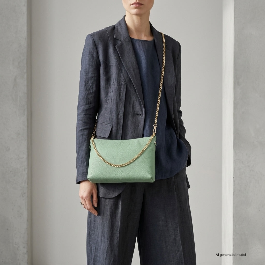 A person in a charcoal gray suit and navy blouse stands against a light background, holding a small structured handbag with a gold chain strap over their shoulder. The face is partially out of frame.