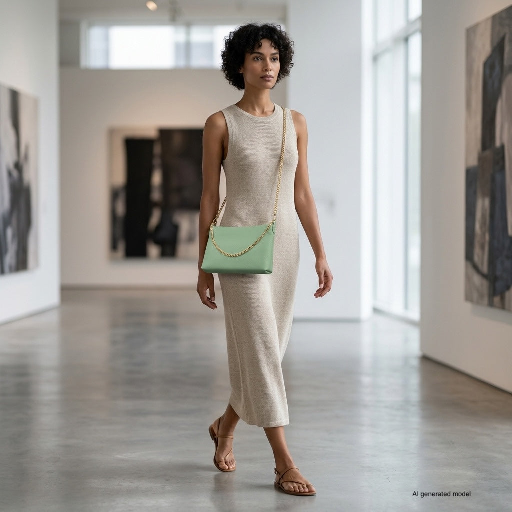 A woman in a sleeveless beige dress and sandals walks through a modern art gallery, carrying a small structured handbag. Abstract black-and-white artworks hang on the white walls in the background.