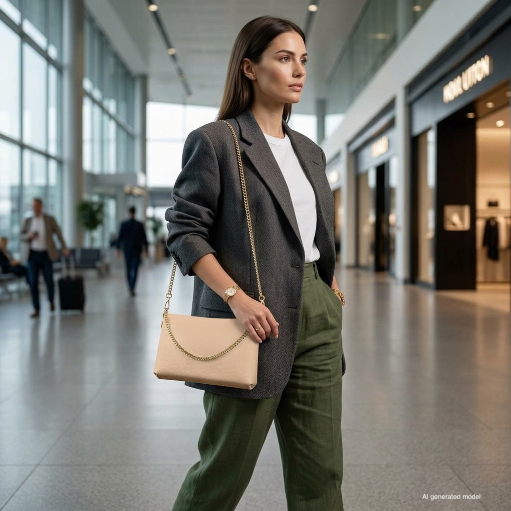 A woman in a gray blazer, white shirt, and green pants stands in a modern airport terminal, holding a small structured handbag. Storefronts and travelers are visible in the background.