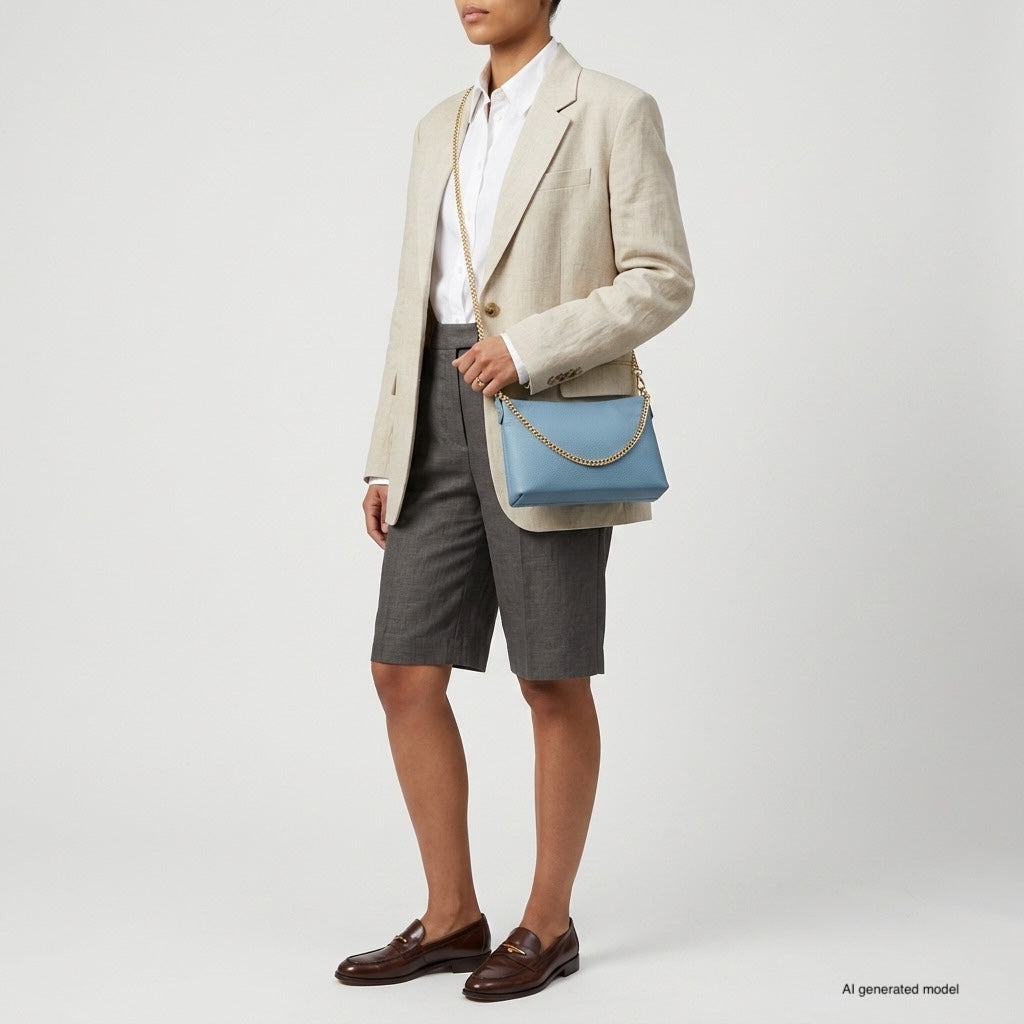 A person wearing a beige blazer, white shirt, gray knee-length shorts, and brown loafers stands holding a small structured handbag with a gold chain strap against a plain light background.