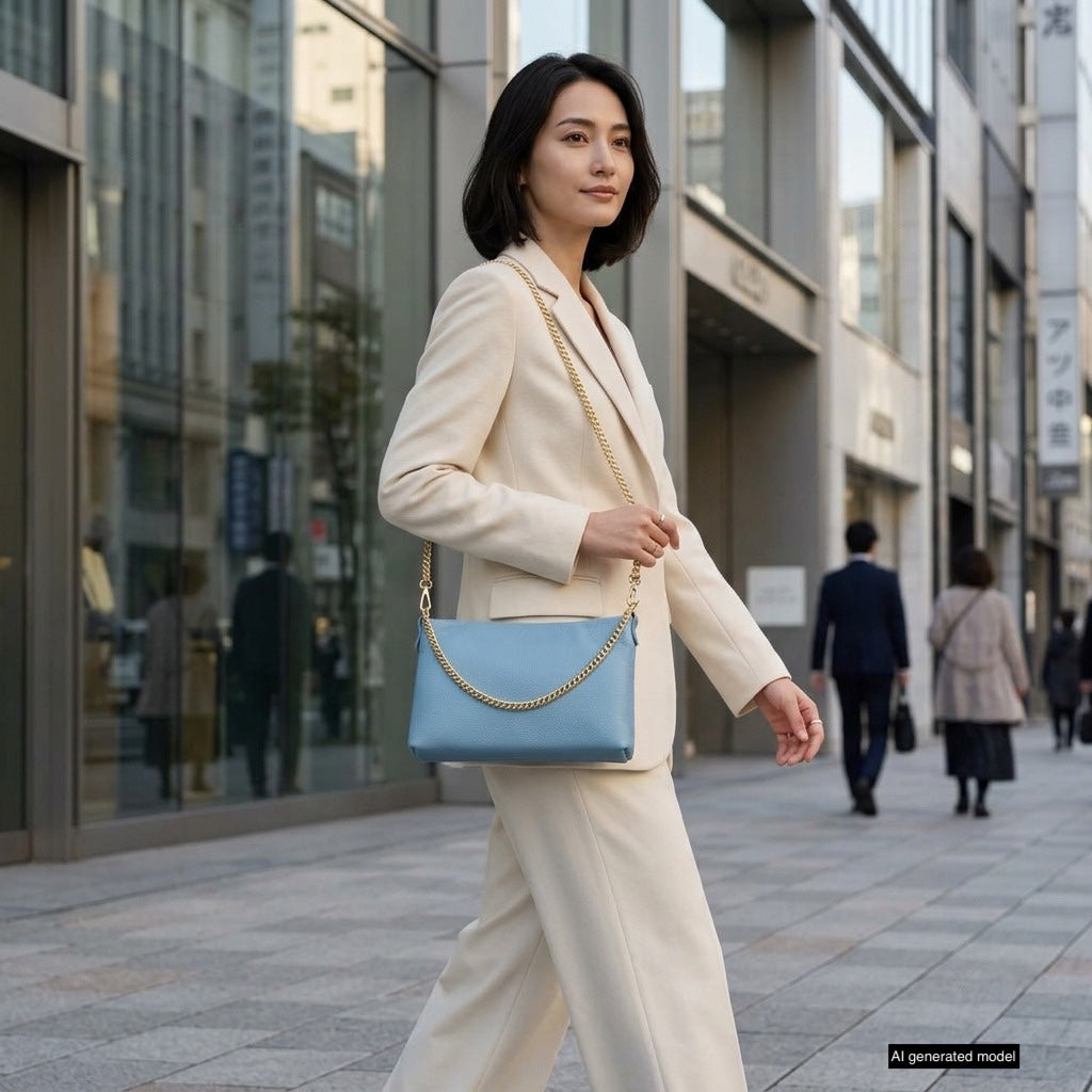 A woman in a cream-colored suit walks confidently down a city sidewalk, carrying a small structured handbag with a gold chain strap. Tall buildings and other pedestrians are visible in the background.